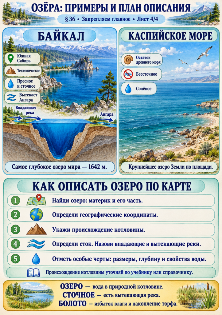 География, 6 класс, параграф 36-4 — Озера